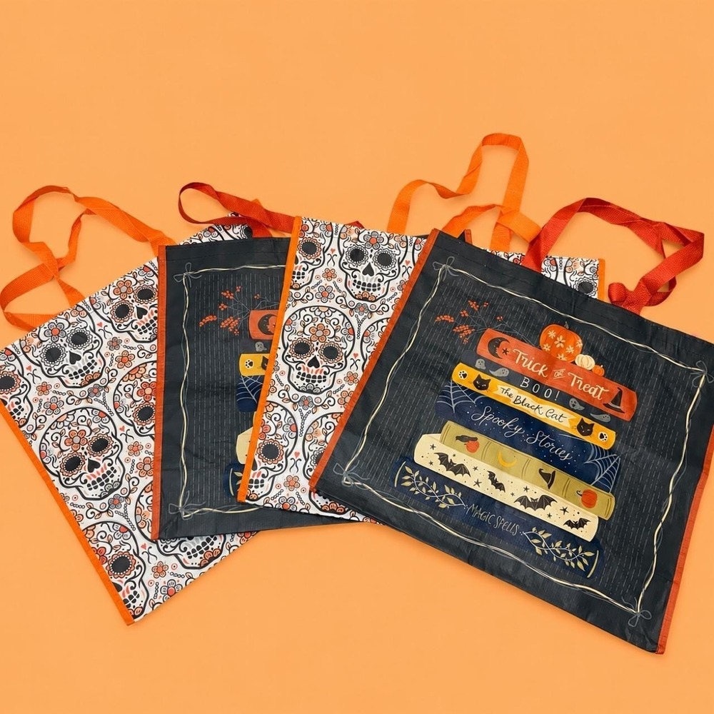 Set of 4 Halloween Themed Reusable Tote Bags Viral TjMaxx NWT Large Eco-friendly